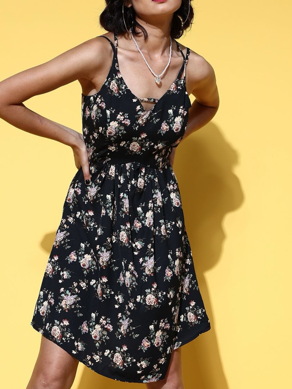 F21 black skater dress with florals